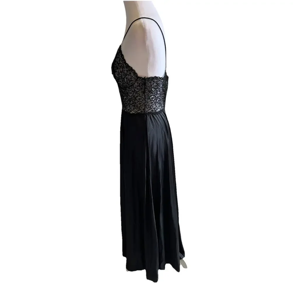VTG 70s Nightgown Black Lace Bodice Long Maxi Glam Whimsygoth Romantic Flowy USA